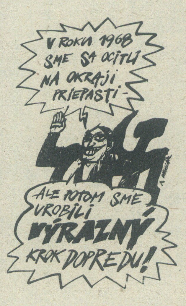 Výrazný krok dopredu, karikatúra v časopise Zmena. 1989. Univerzitná knižnica v Bratislave